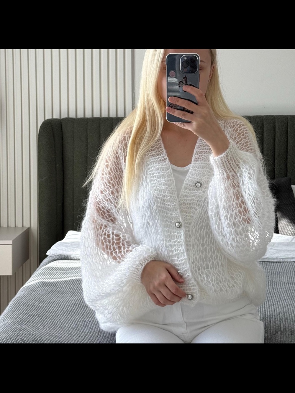 White Open-Knit Mohair Blend Cardigan Sweater